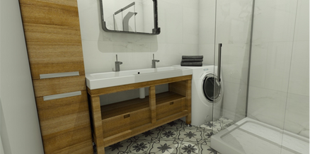 Une salle de bain fonctionnelle mélangeant le moderne avec le côté rustique du bois. 