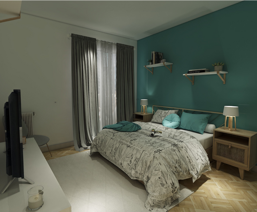 Une chambre aménagée tout autour de ce mur bleu canard déjà présent dans la pièce avec des rappels de couleur au niveau du lit. On y ajoute une parure de lit végétale pour adoucir et apporter de la fraîcheur à la pièce.